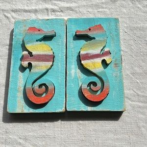 Two (2) Seahorse wood Vintage Wall Art plaques Handmade pair Beach theme